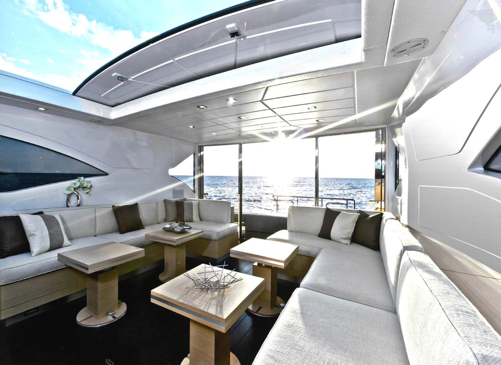 Luxurious Mangusta yacht interior, ocean view