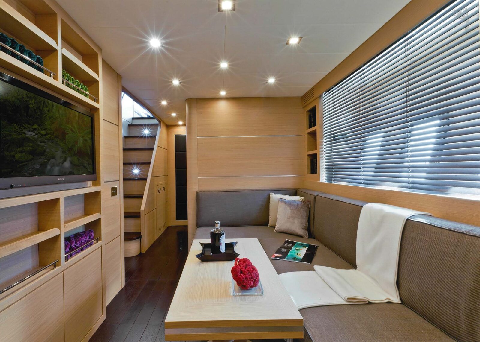 Luxurious Mangusta yacht interior lounge area