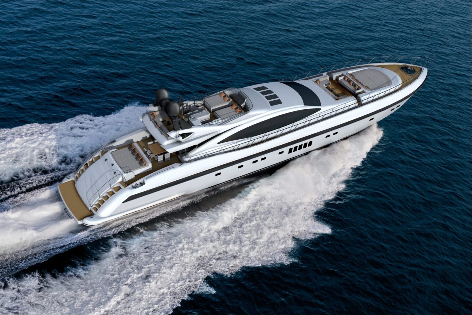 Yacht Mangusta che sfreccia sull'oceano blu.