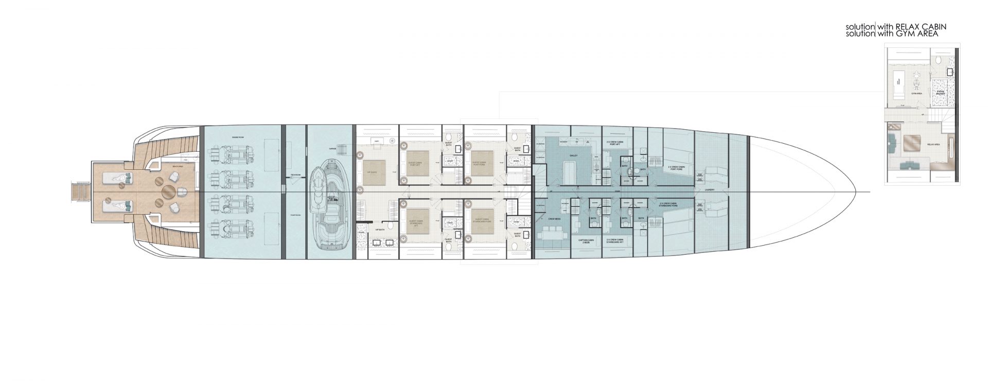 Mangusta yacht interior layout with cabins and gym