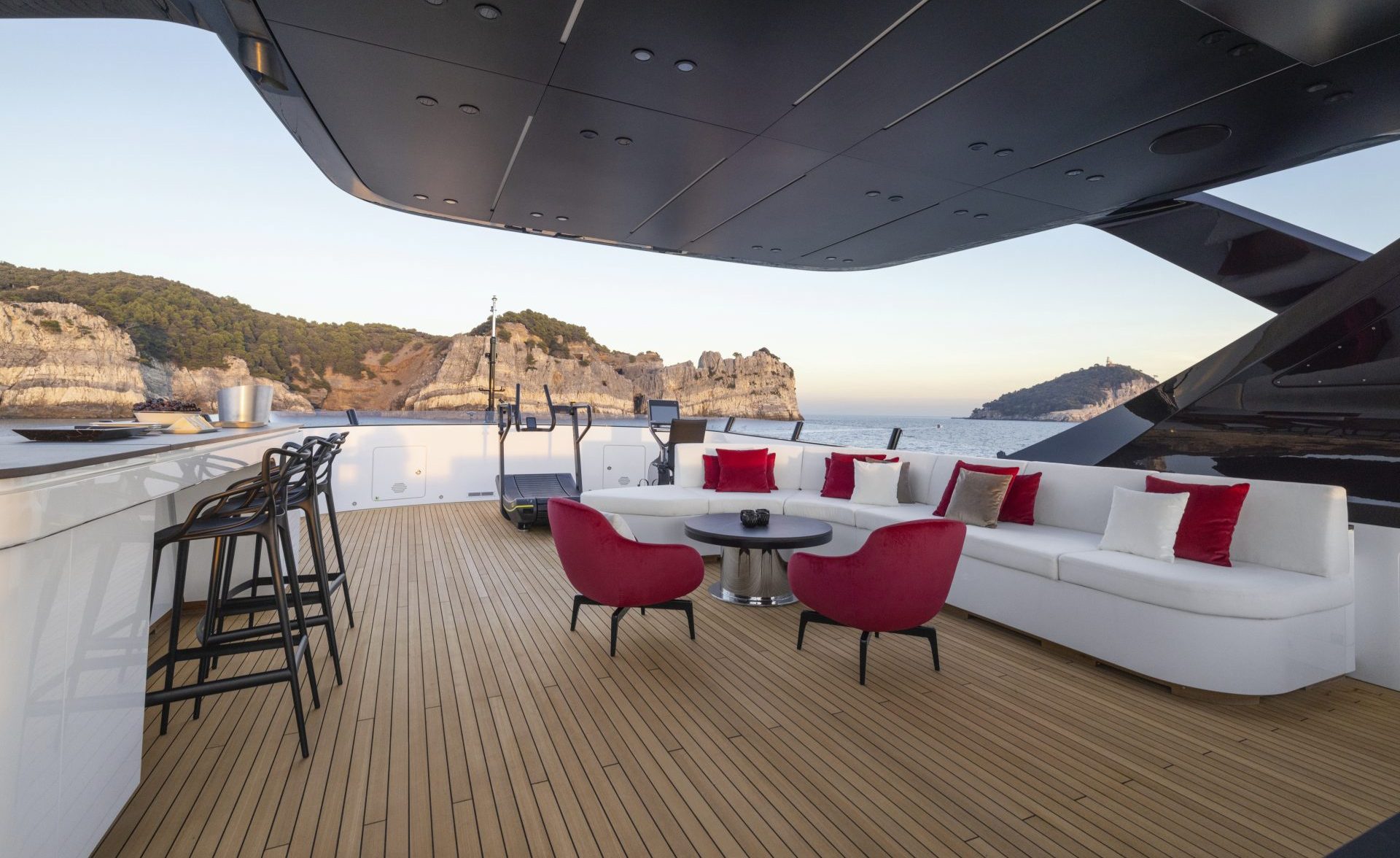 Luxurious yacht deck with seating and sea view