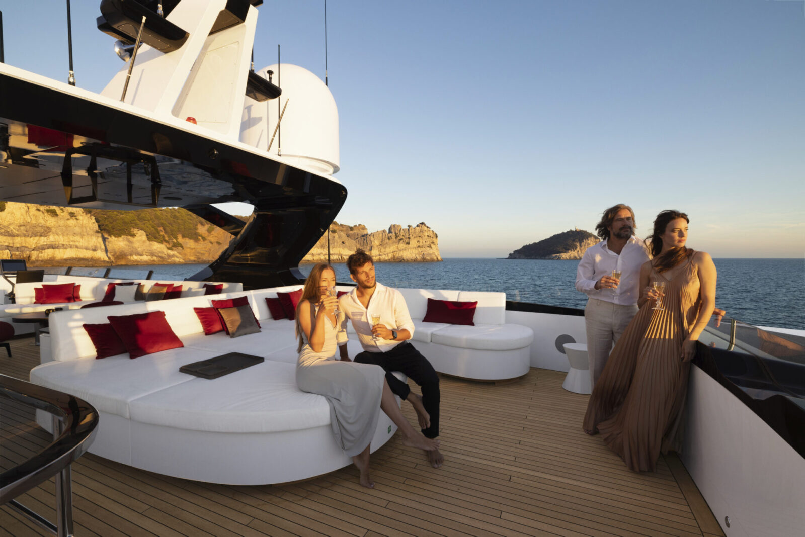 Luxury sunset gathering on Mangusta yacht deck