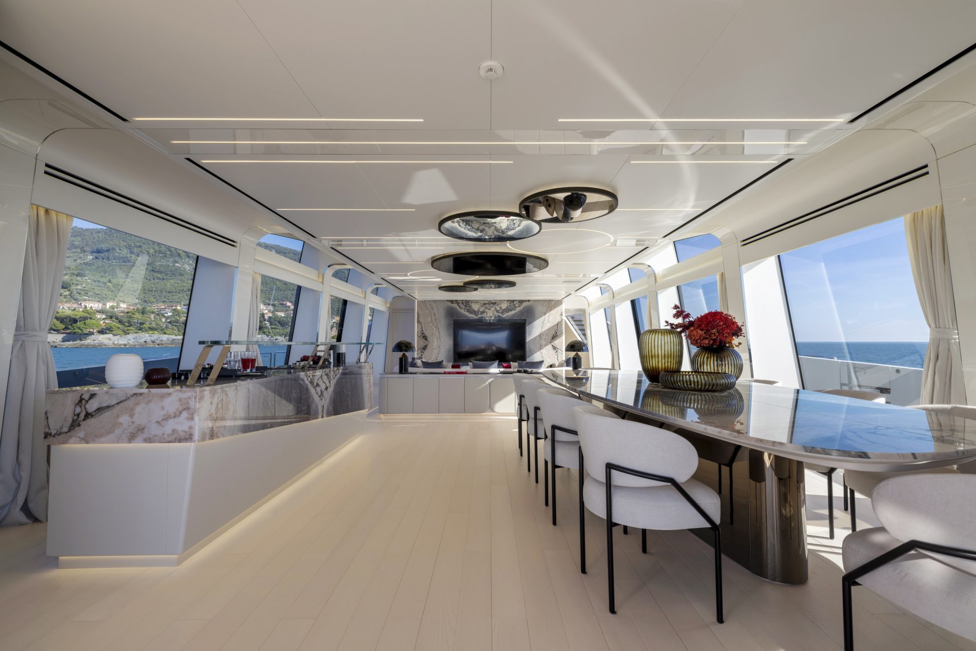 Luxurious Mangusta yacht interior with sea view