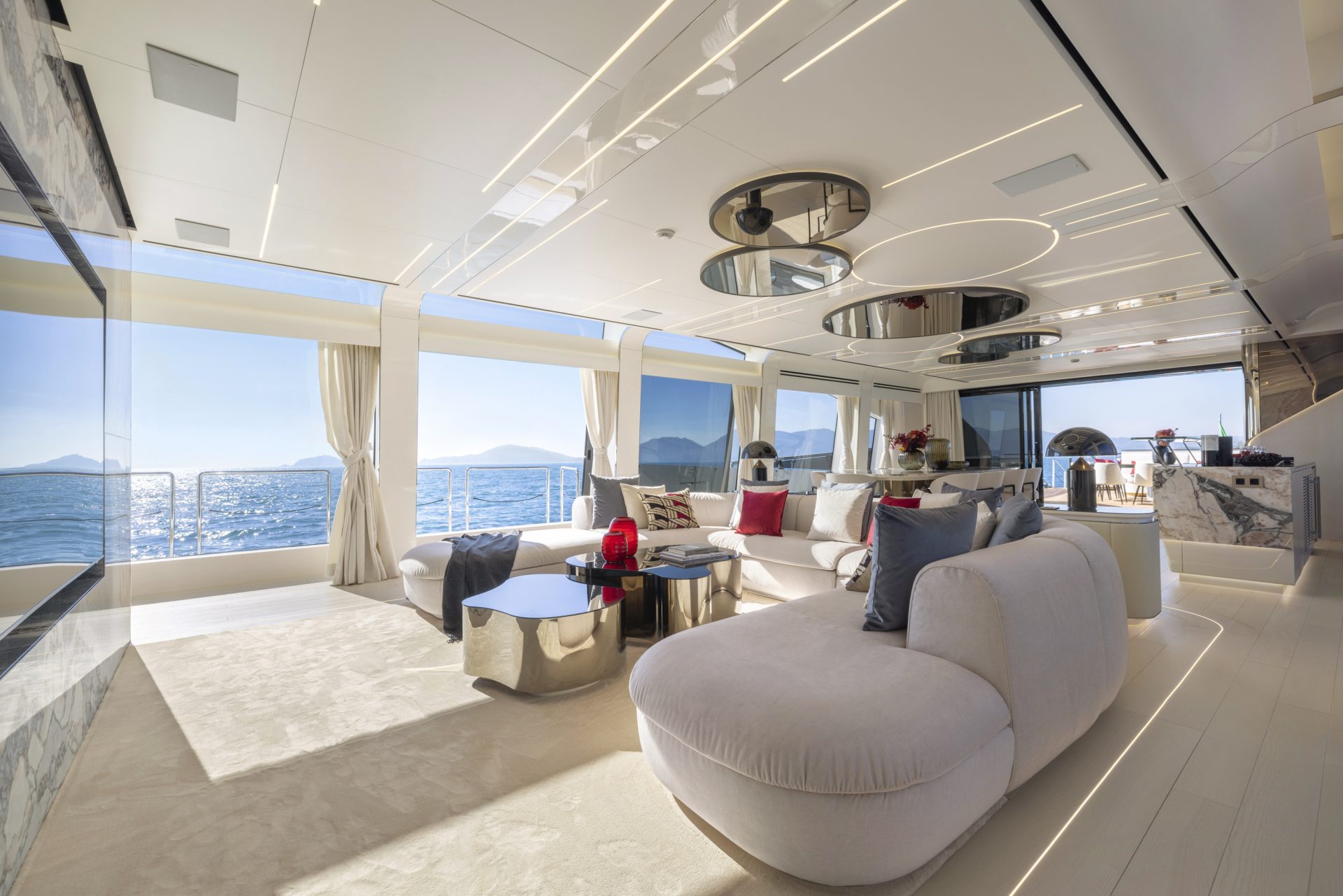 Luxurious Mangusta yacht interior with sea view