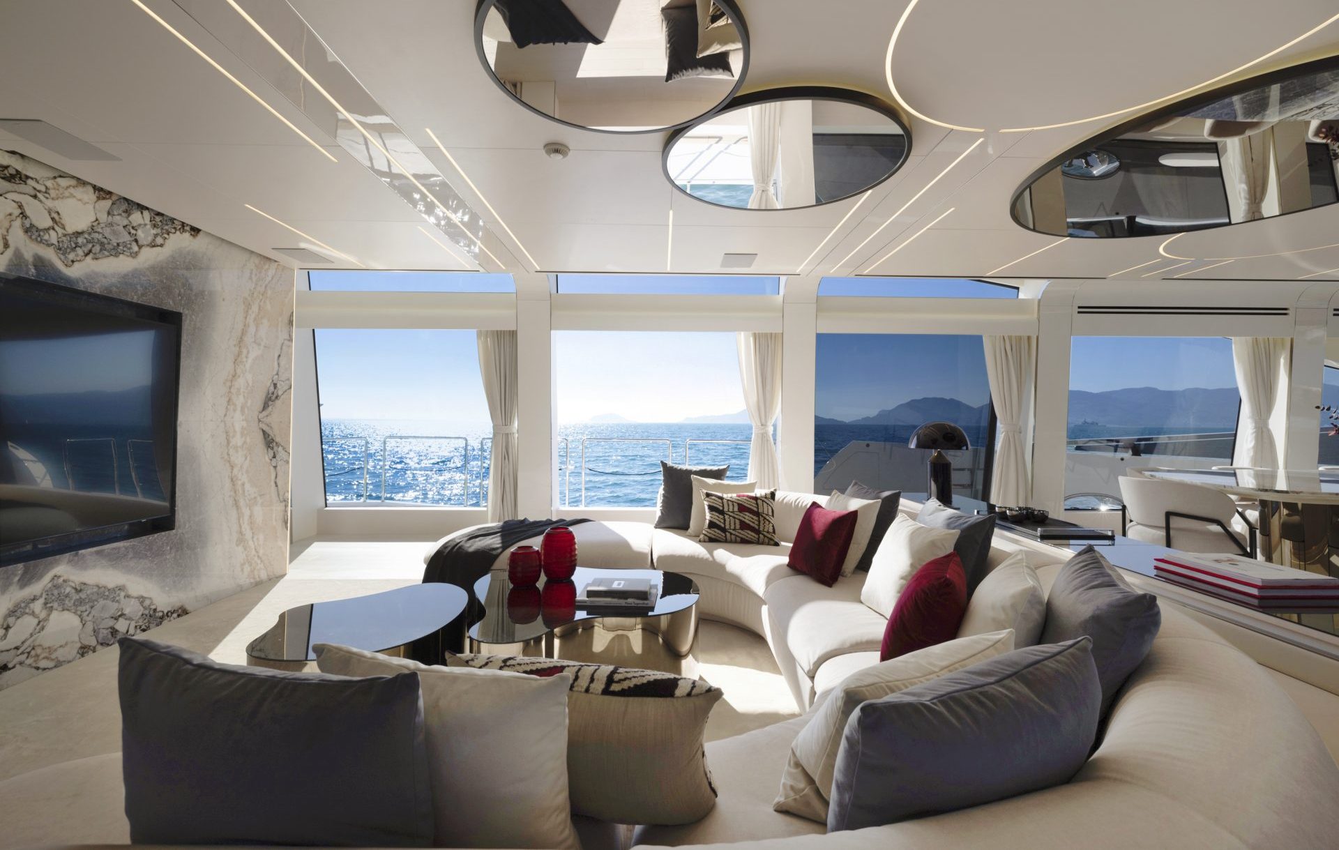 Luxurious Mangusta Yachts interior lounge view