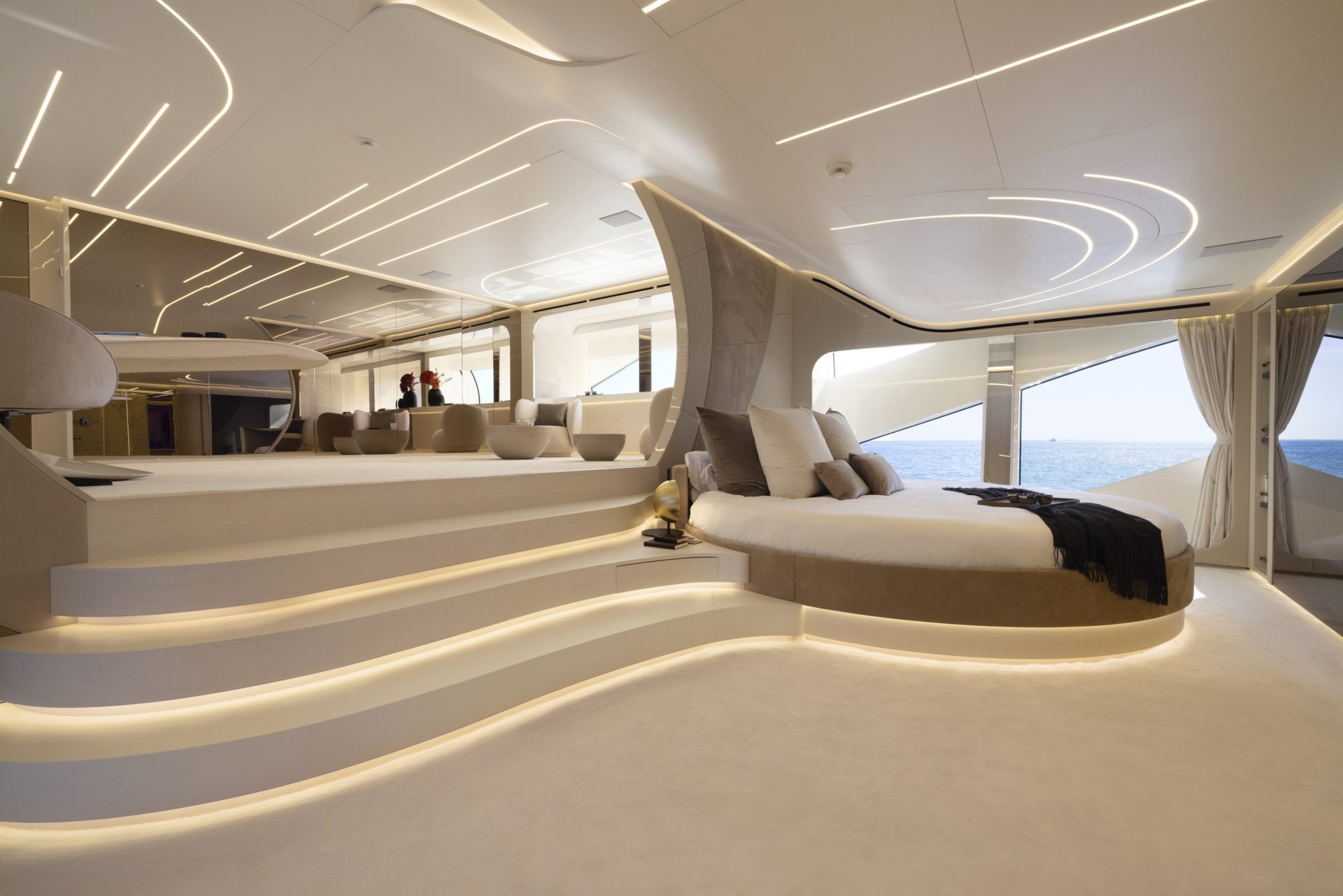 Luxurious interior of modern Mangusta Yacht