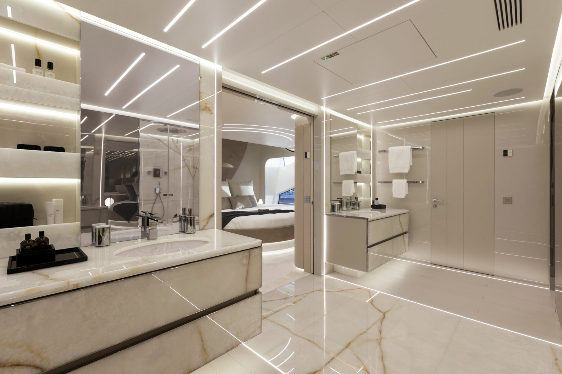 Luxurious bathroom in Mangusta yacht interior.