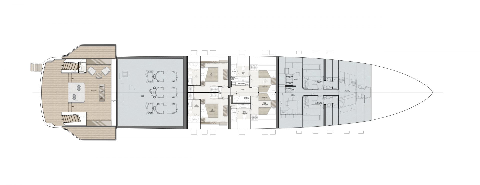 Piano interno yacht Mangusta, layout dettagliato.