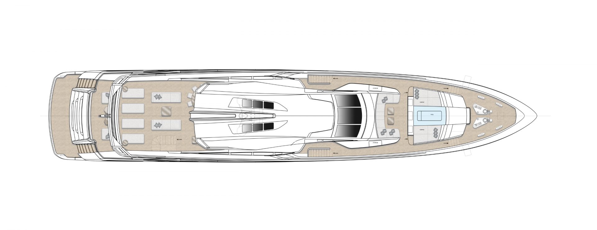 Layout del ponte principale di un Mangusta Yacht