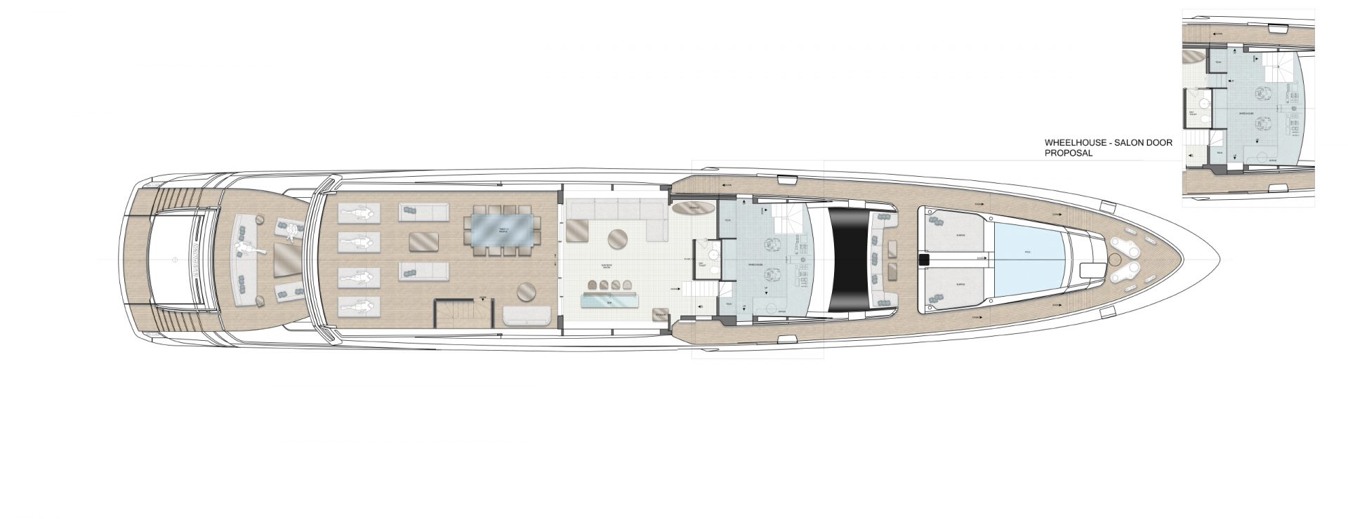 Mangusta Yachts deck layout plan, top view