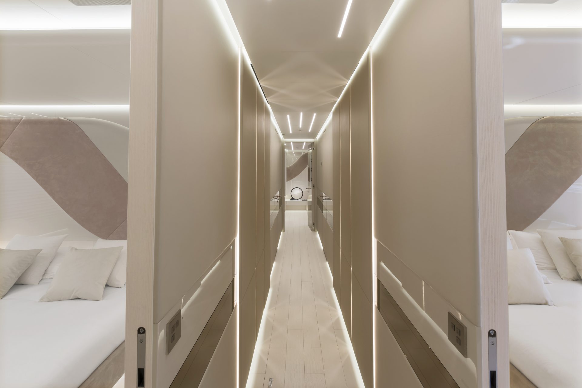 Luxurious Mangusta Yachts interior hallway.