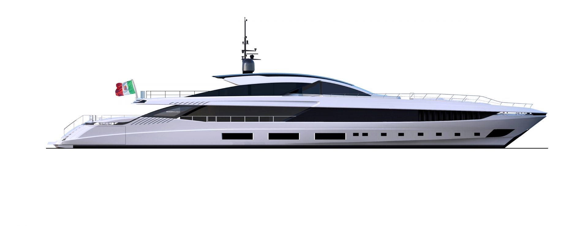 Yacht Mangusta profilo laterale con bandiera italiana.