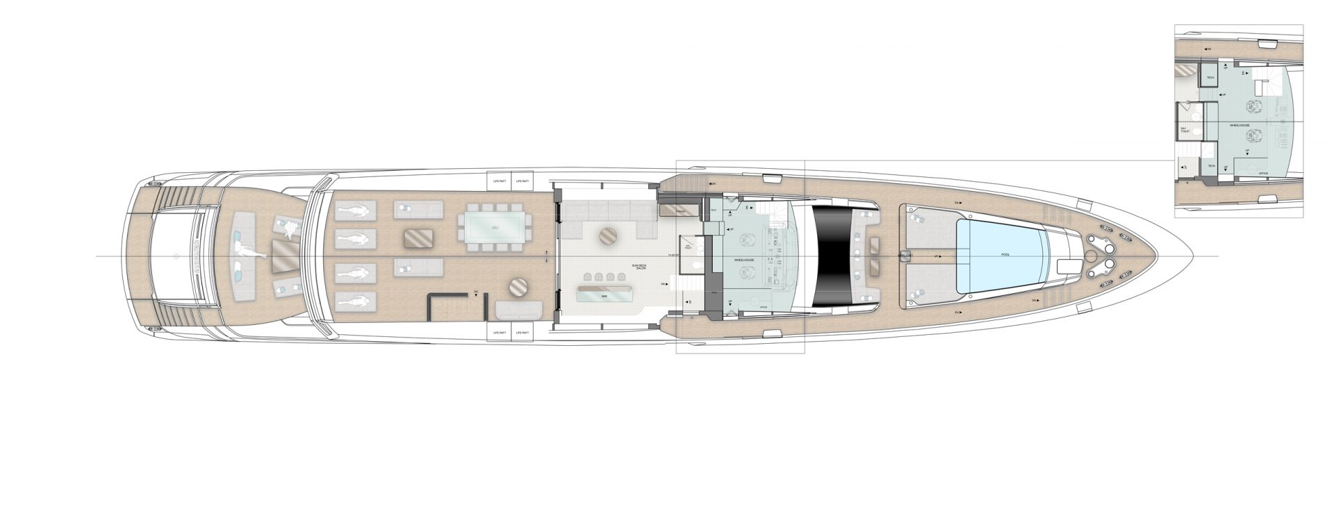 Layout del ponte principale Mangusta Yachts.