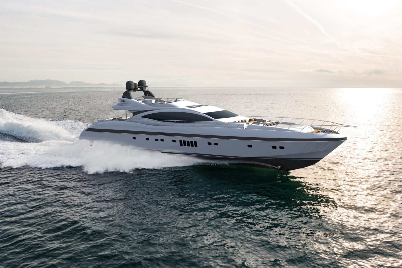 Yacht Mangusta in navigazione al tramonto sul mare