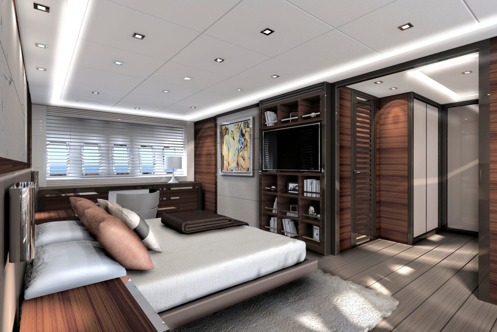 Cabina lusso Mangusta Yachts con arredo moderno.