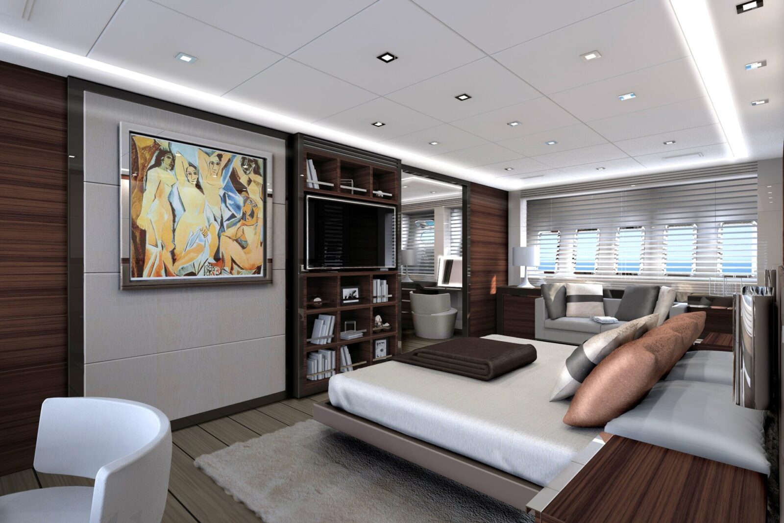 Suite di lusso su Megayacht Mangusta con arte moderna.