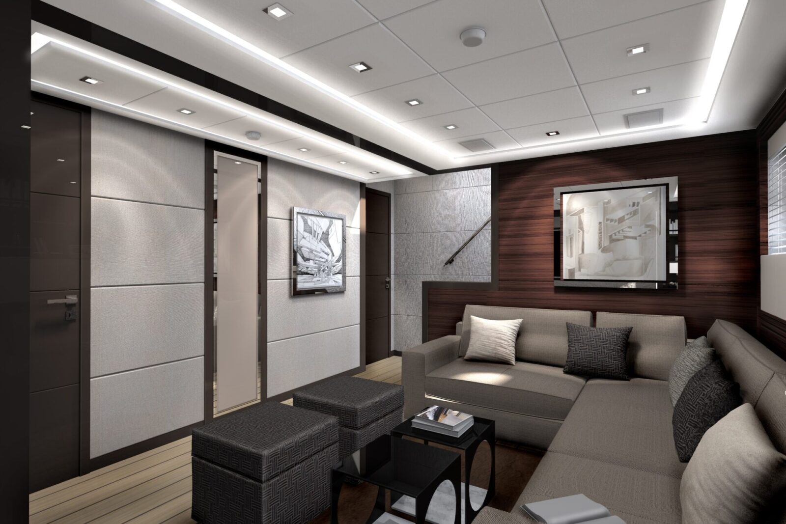 Salotto interno di lusso su Mangusta Yacht