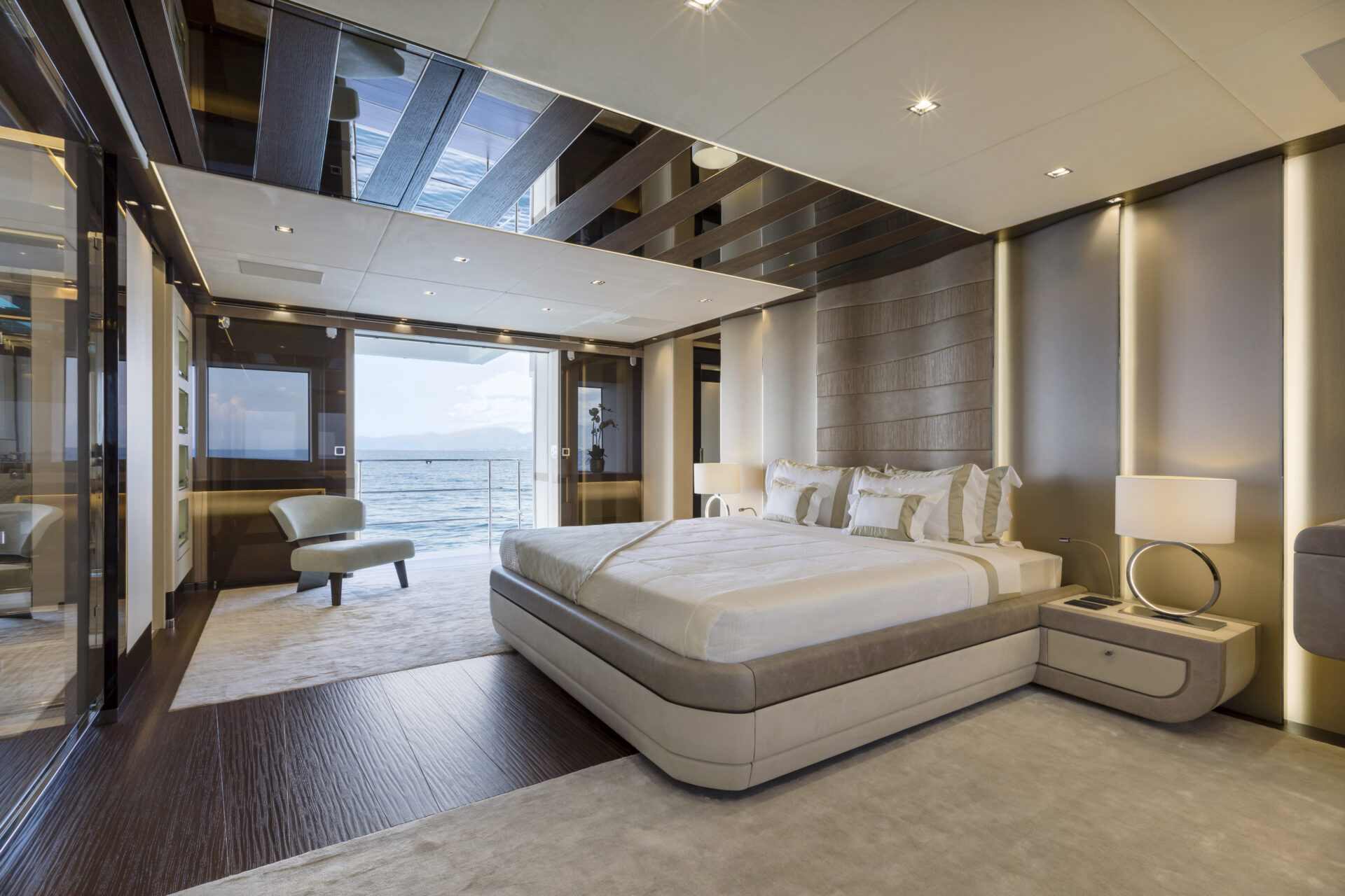 Luxury yacht bedroom with ocean view