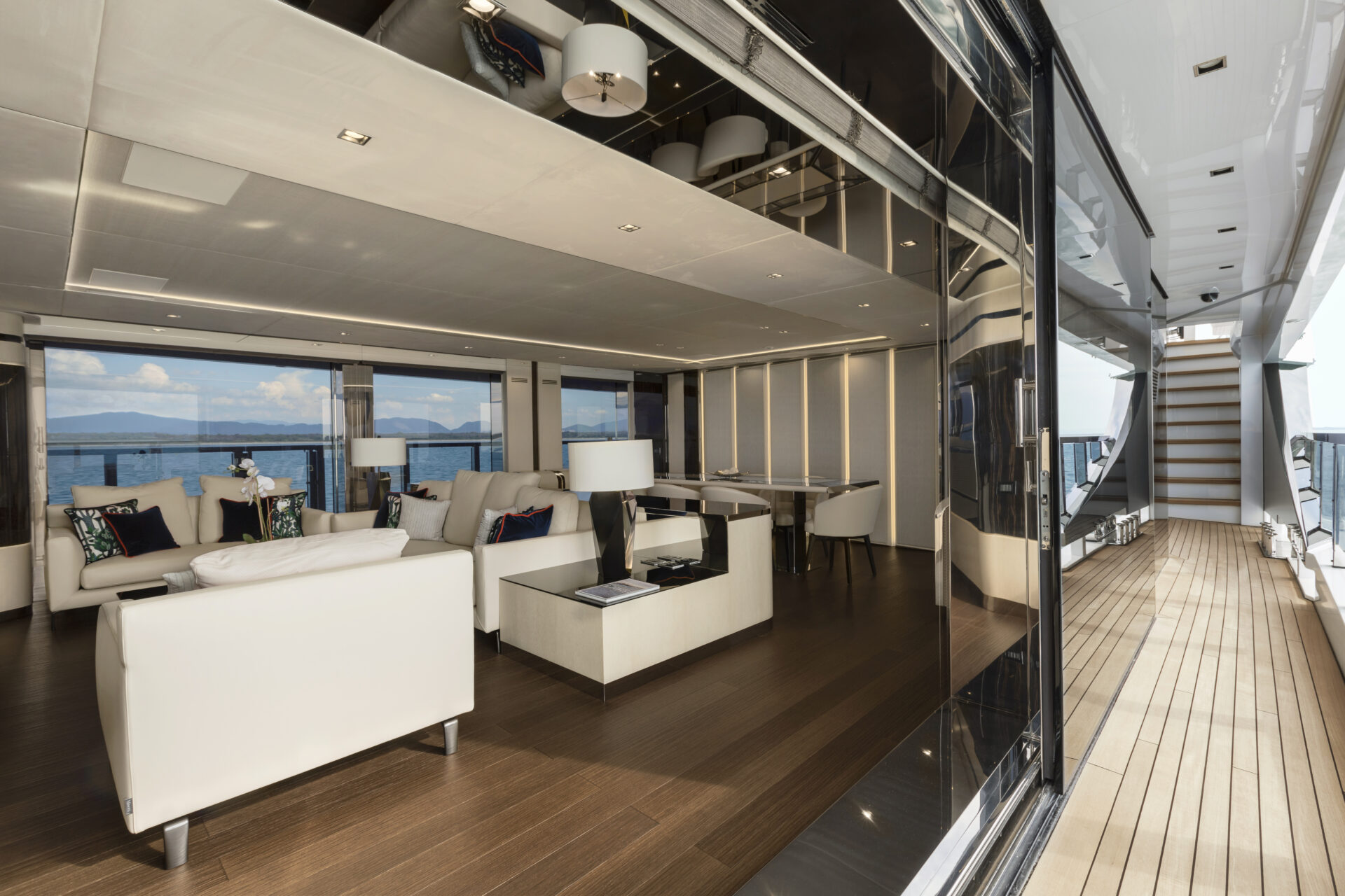 Luxurious living area on a Mangusta yacht