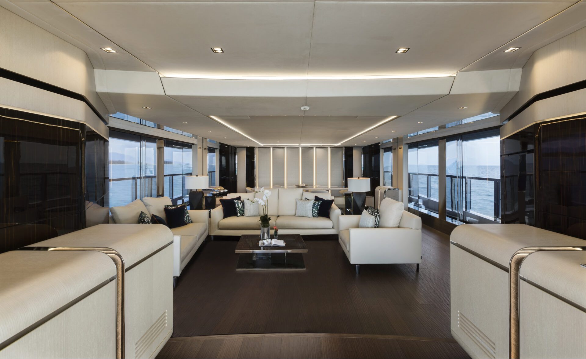 Luxurious interior of Mangusta yacht saloon