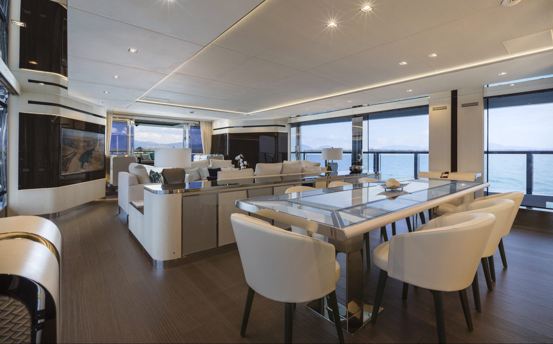 Luxurious salon in Mangusta yacht with ocean view