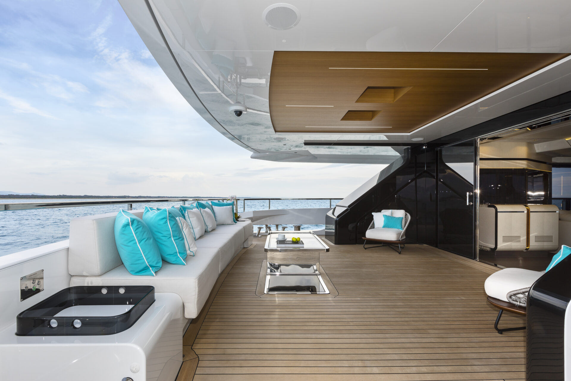Luxurious Mangusta Yachts deck with ocean view