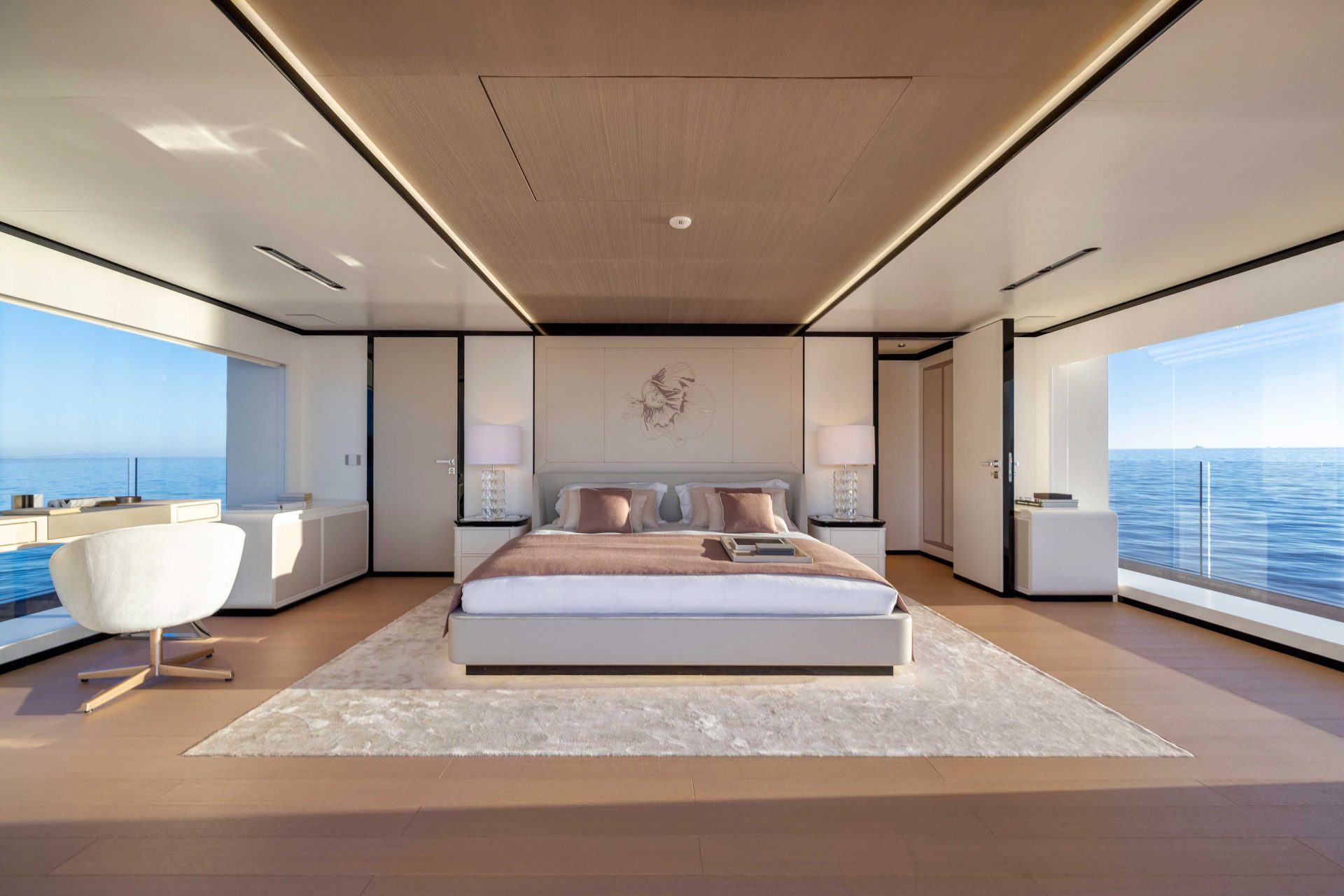 Luxurious yacht bedroom with ocean views