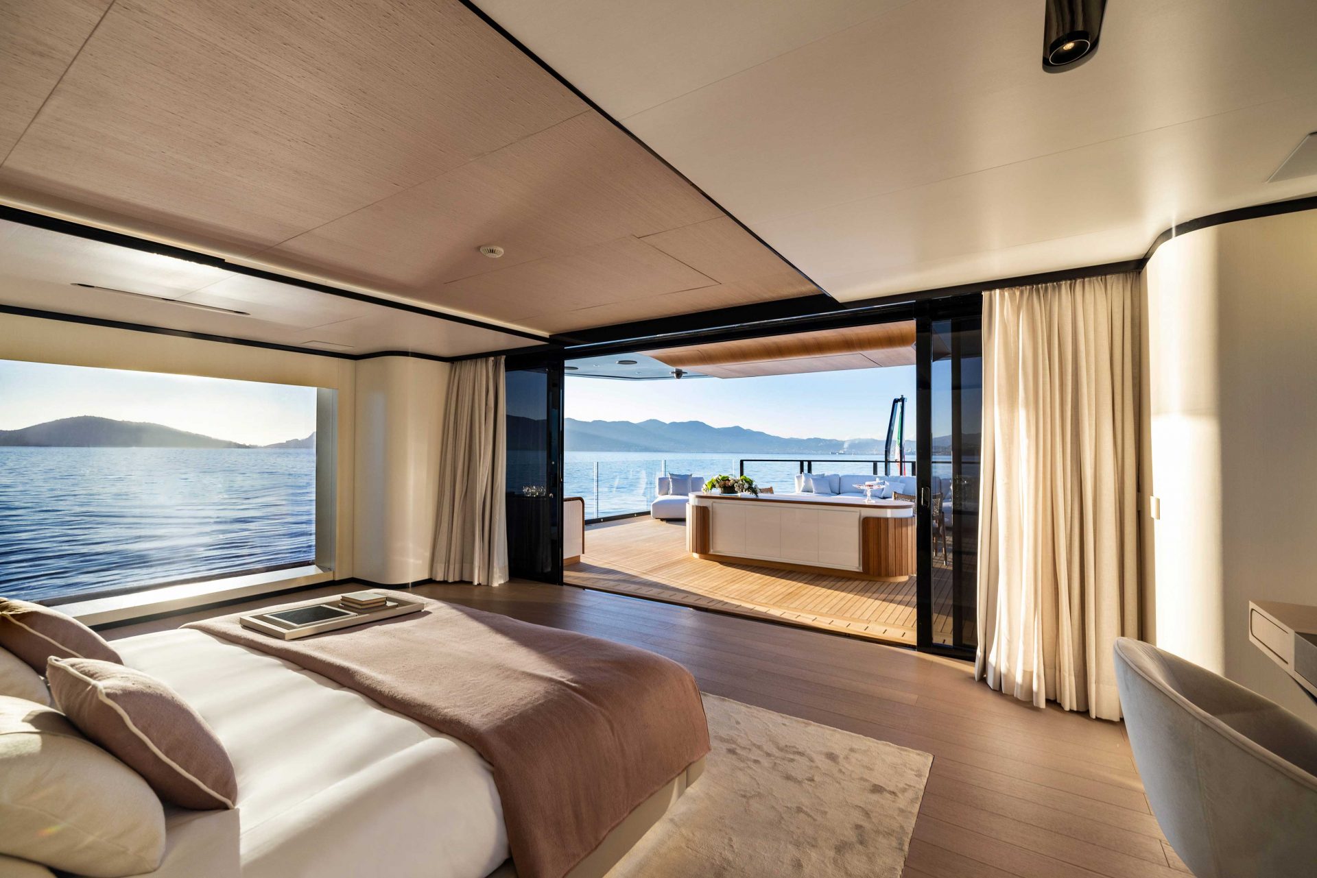 Luxury yacht bedroom with ocean view