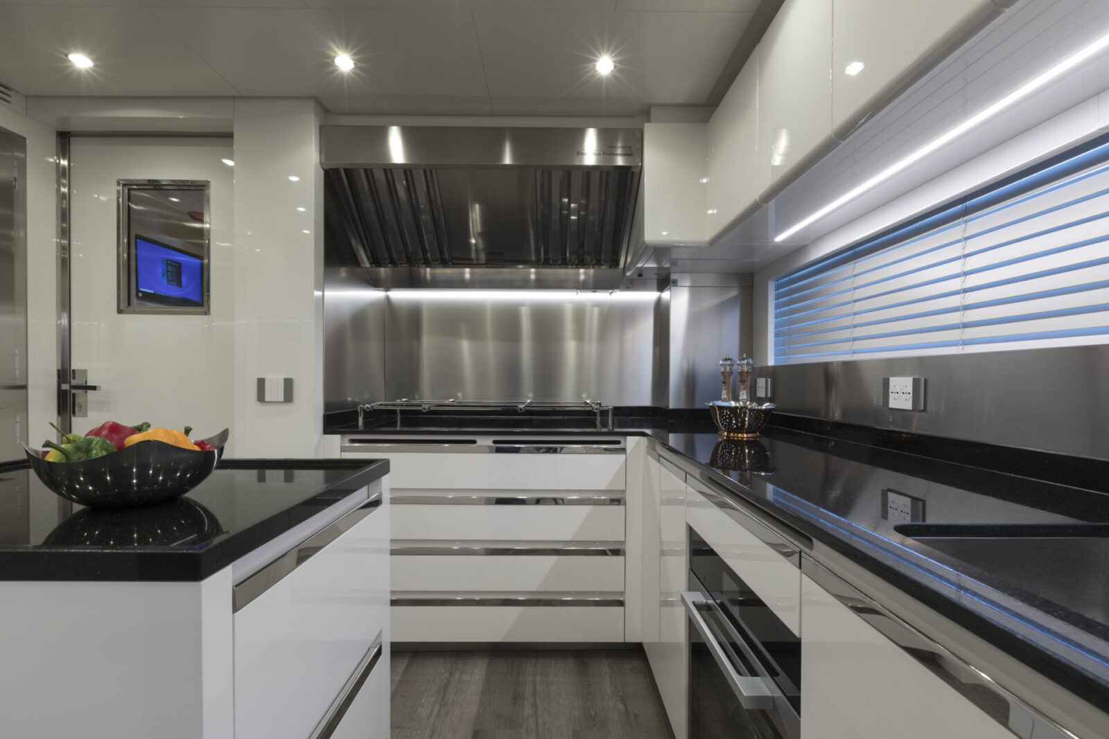 Luxury yacht kitchen with modern design.