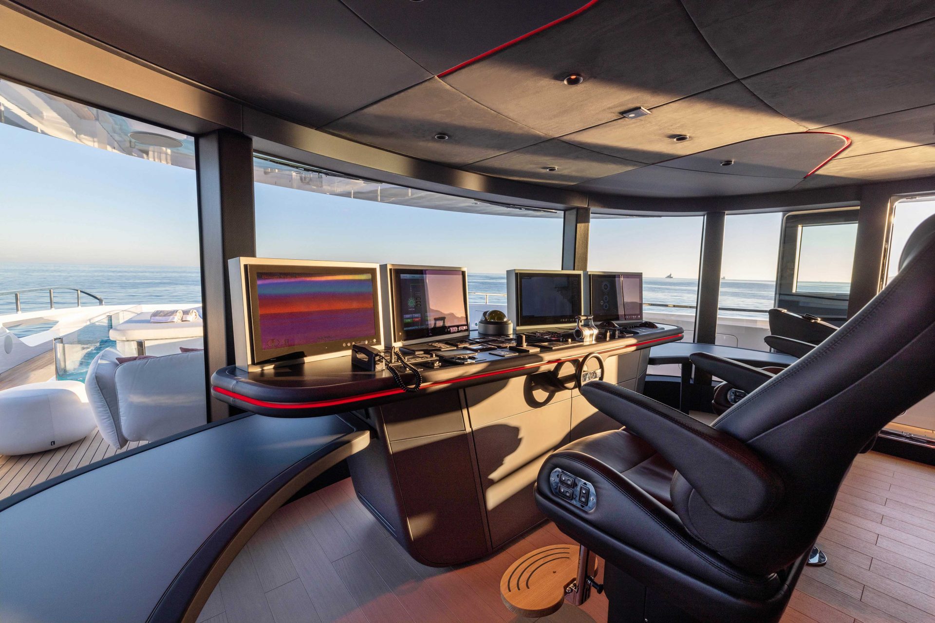 Mangusta Yachts luxury helm station view.