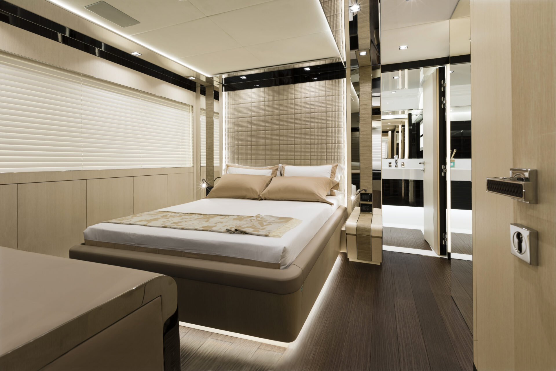 Luxurious cabin interior on Mangusta yacht