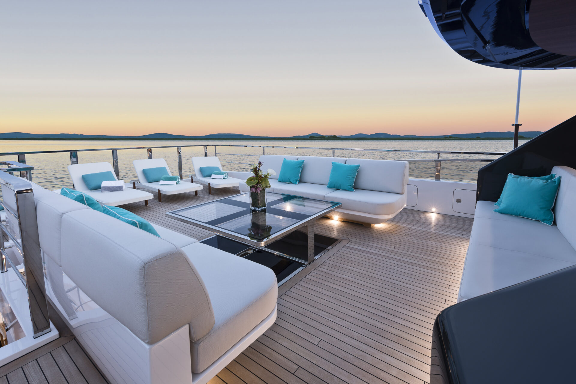 Luxury Mangusta Yachts deck at sunset
