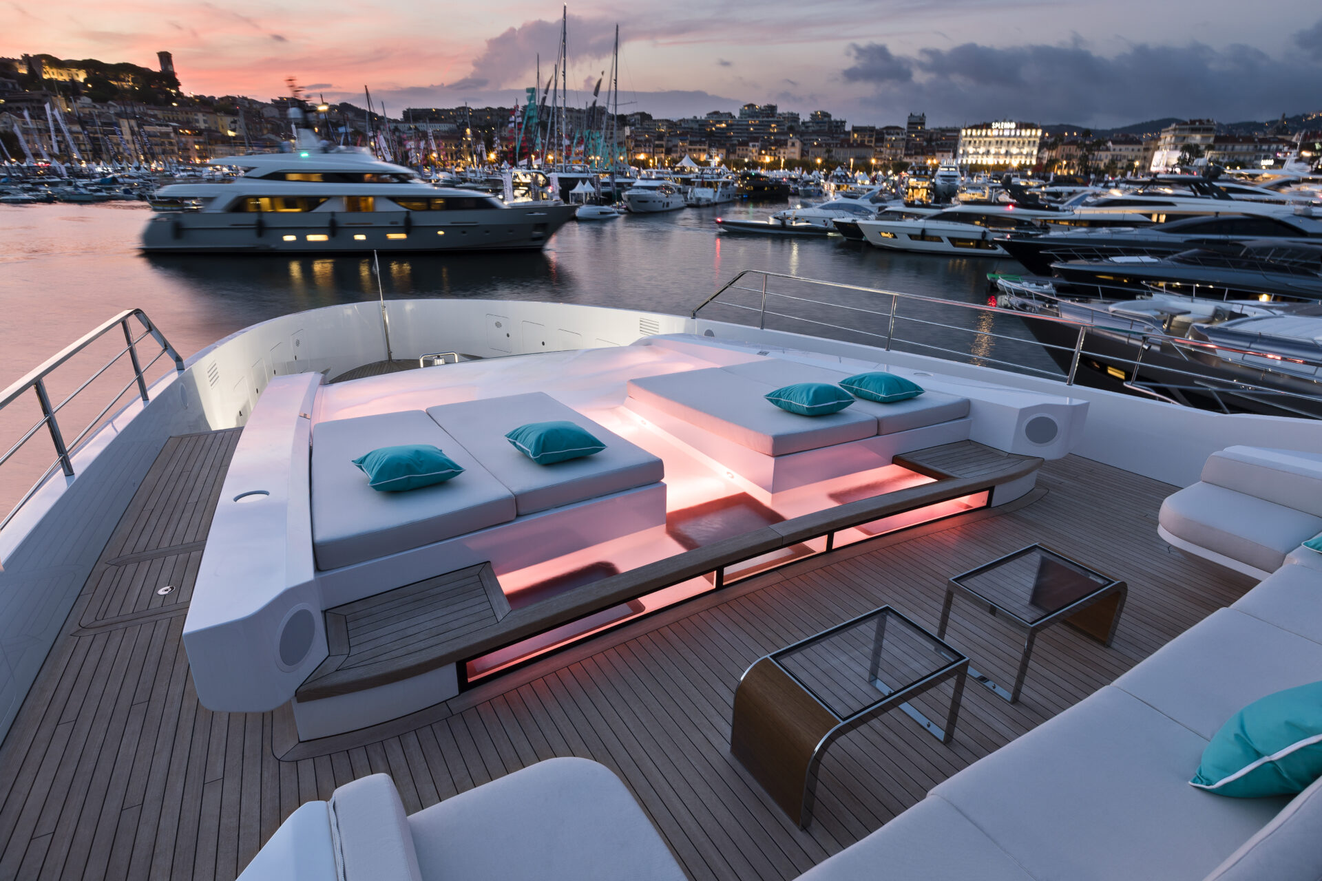 Luxury yacht deck at sunset in elegant marina