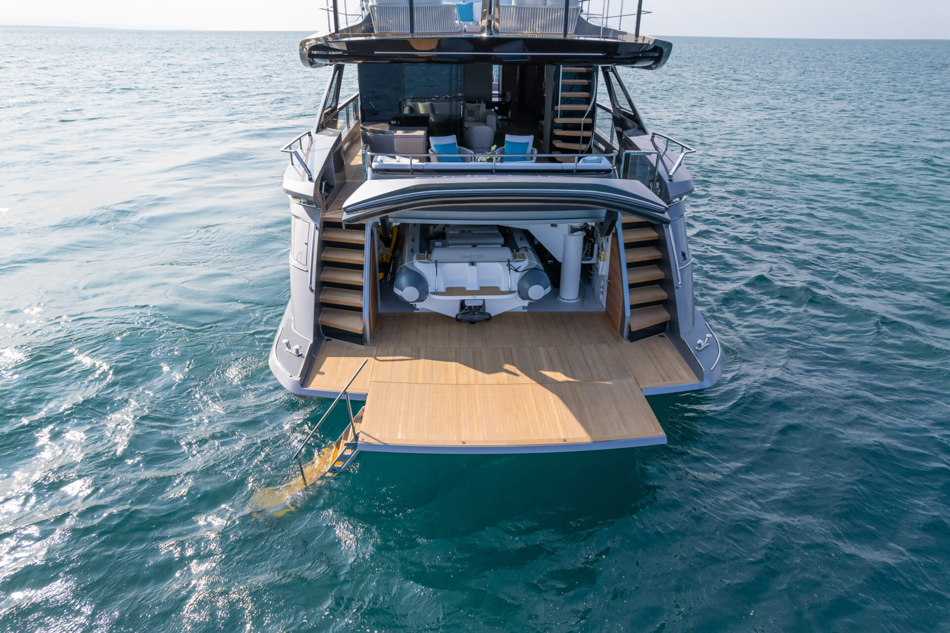 Mangusta yacht stern with open garage door