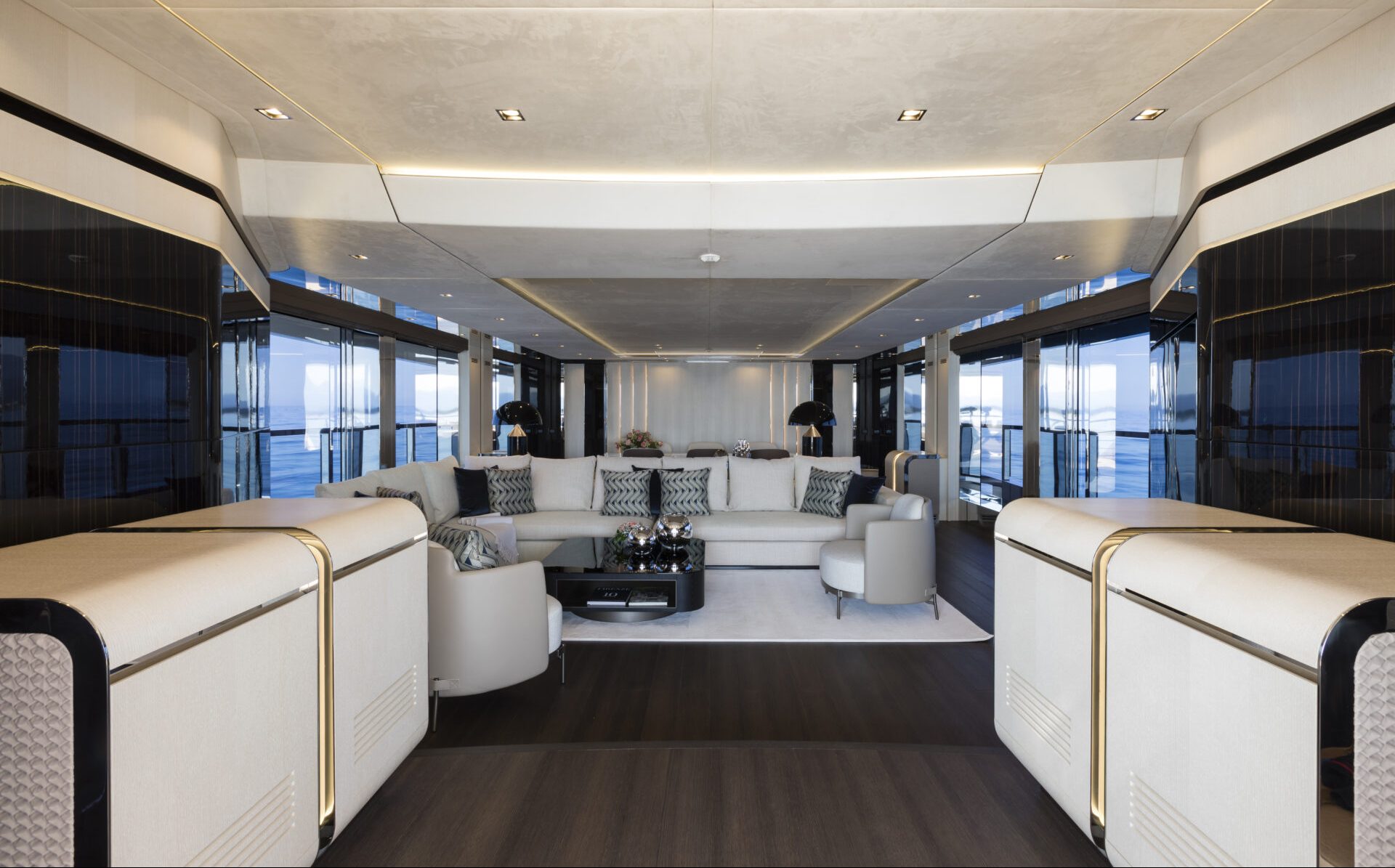 Luxurious Mangusta Yachts interior lounge area