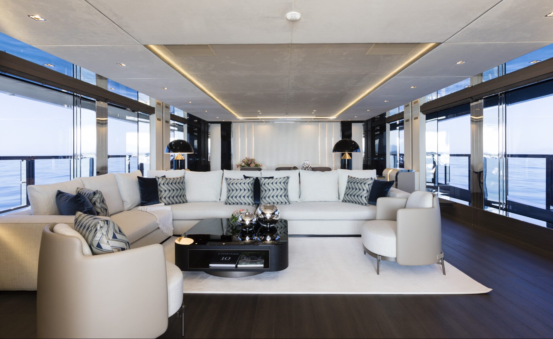 Luxurious Mangusta yacht interior living area