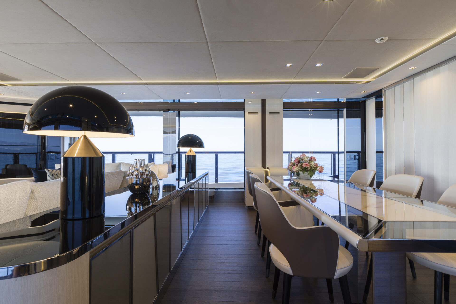 Luxurious dining area on Mangusta yacht.