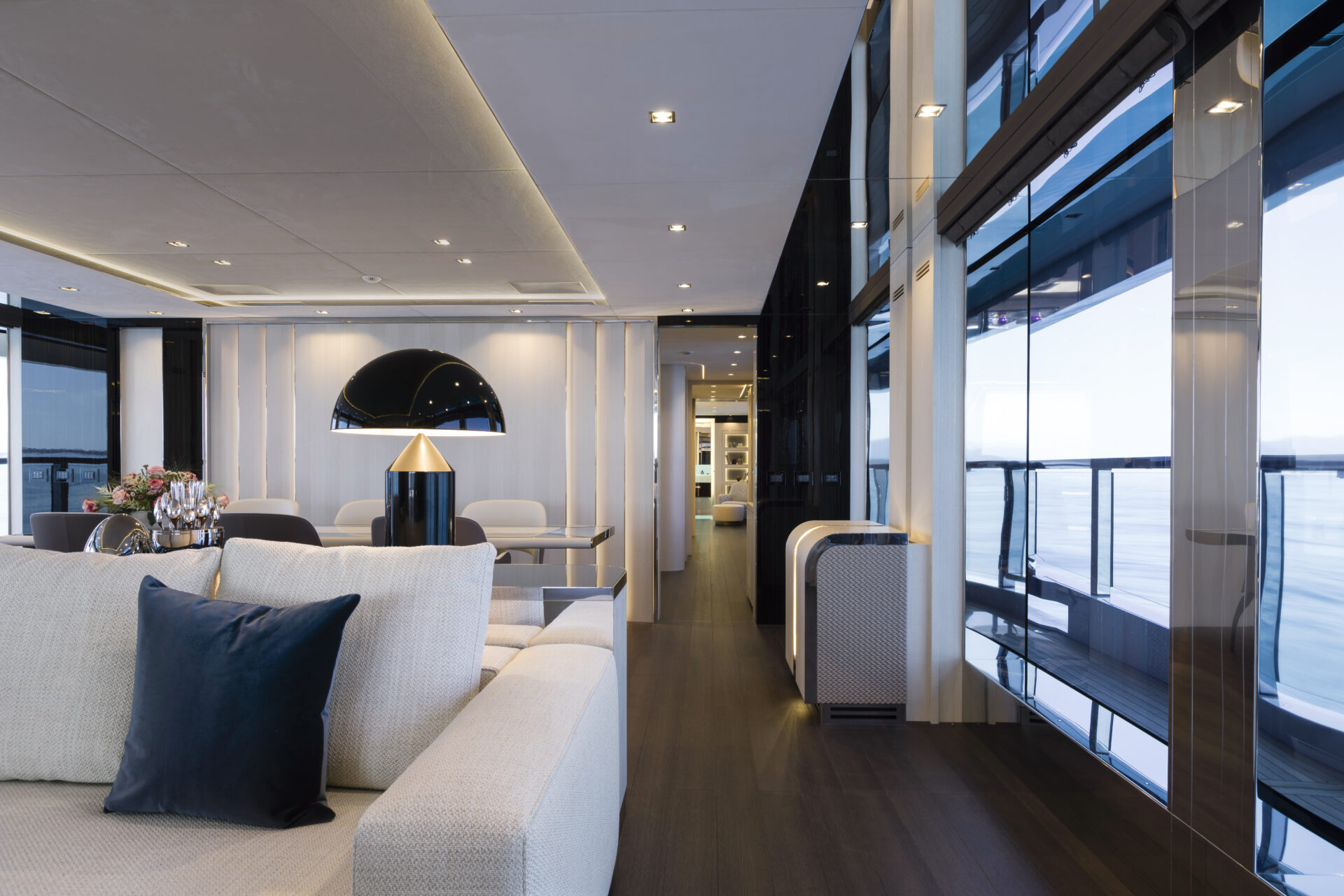 Luxurious modern yacht interior with sea view