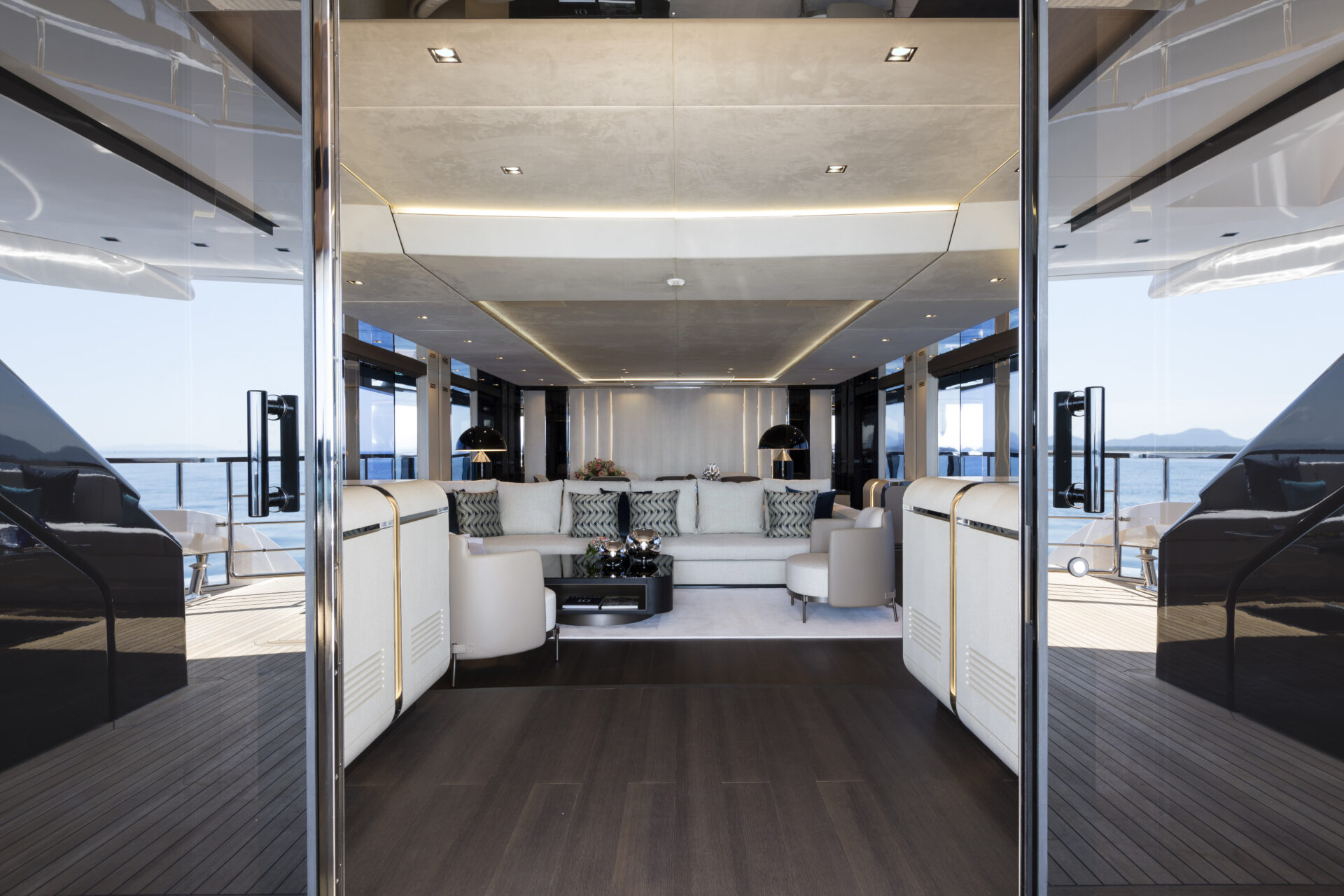 Luxurious Mangusta yacht interior lounge view