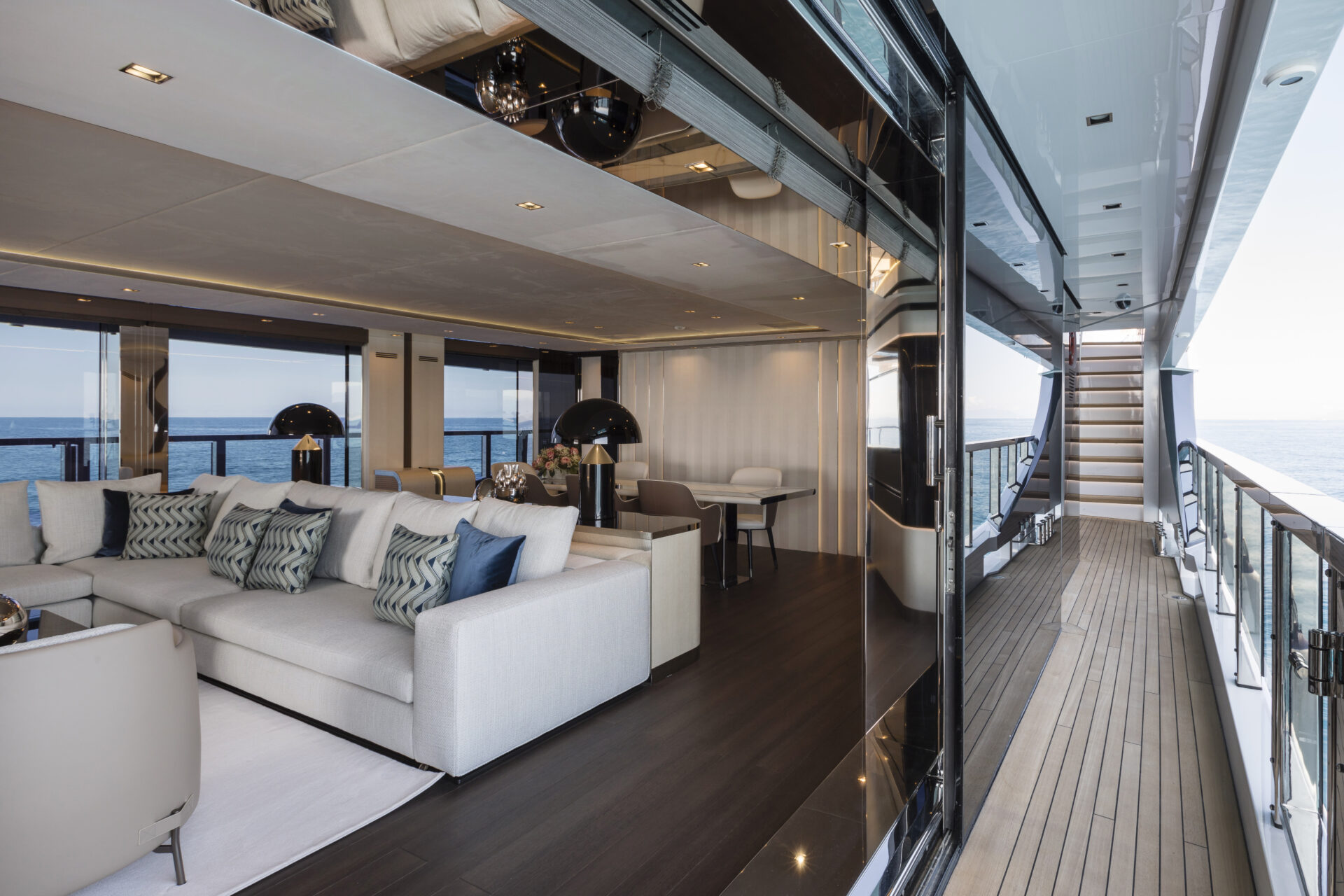 Luxurious Mangusta Yacht interior with ocean view
