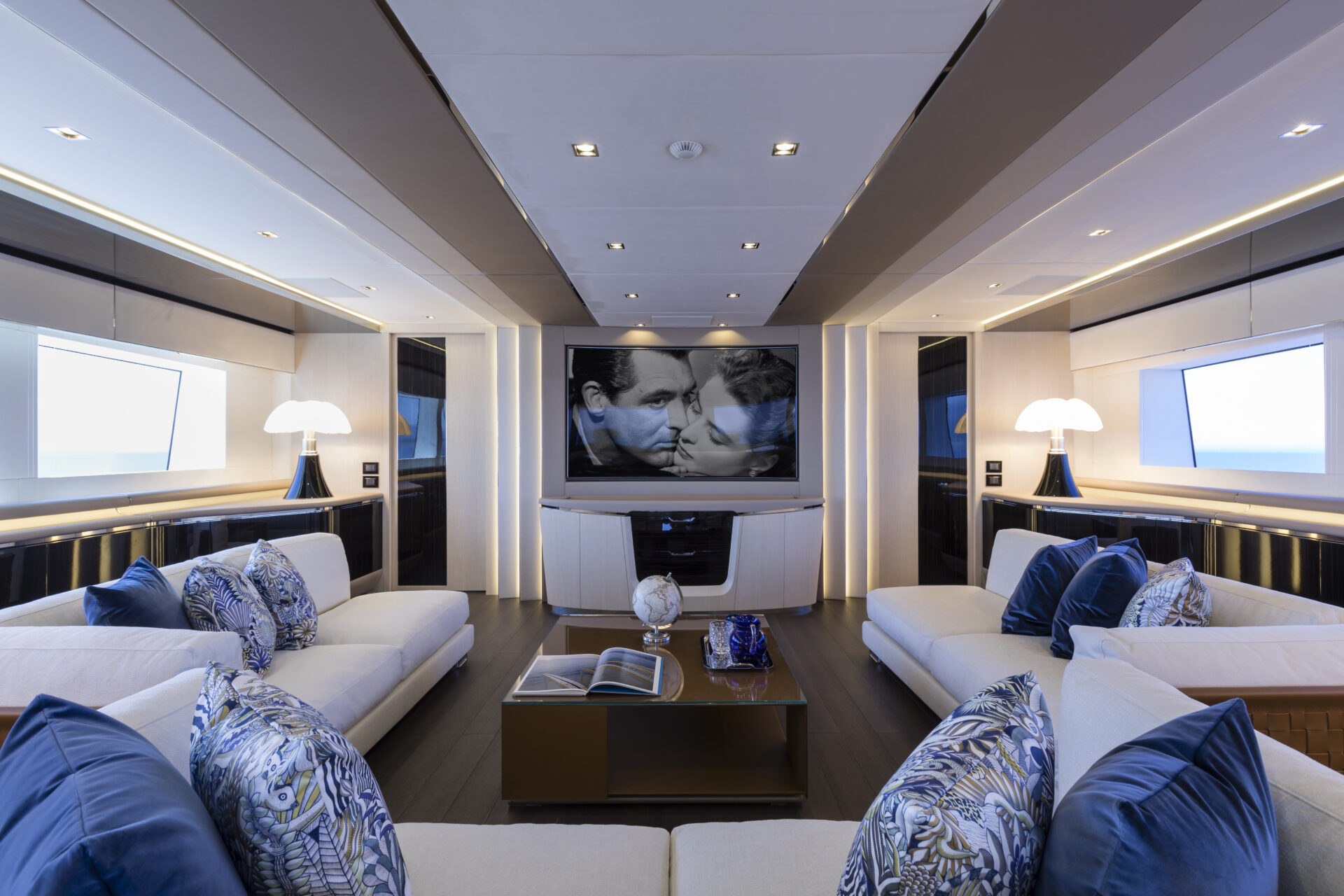 Luxurious yacht interior lounge and TV screen
