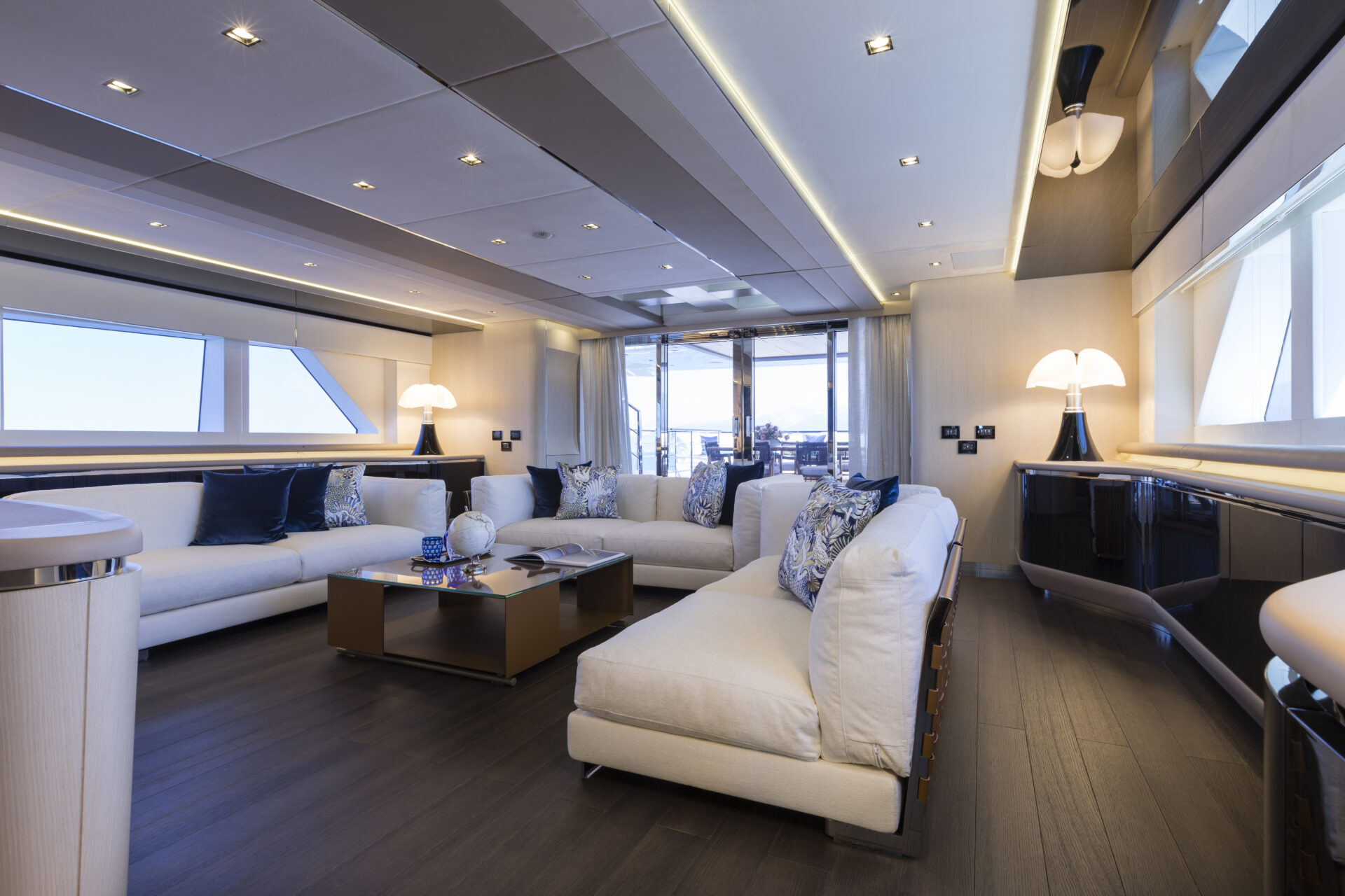 Luxurious Mangusta Yachts interior lounge.