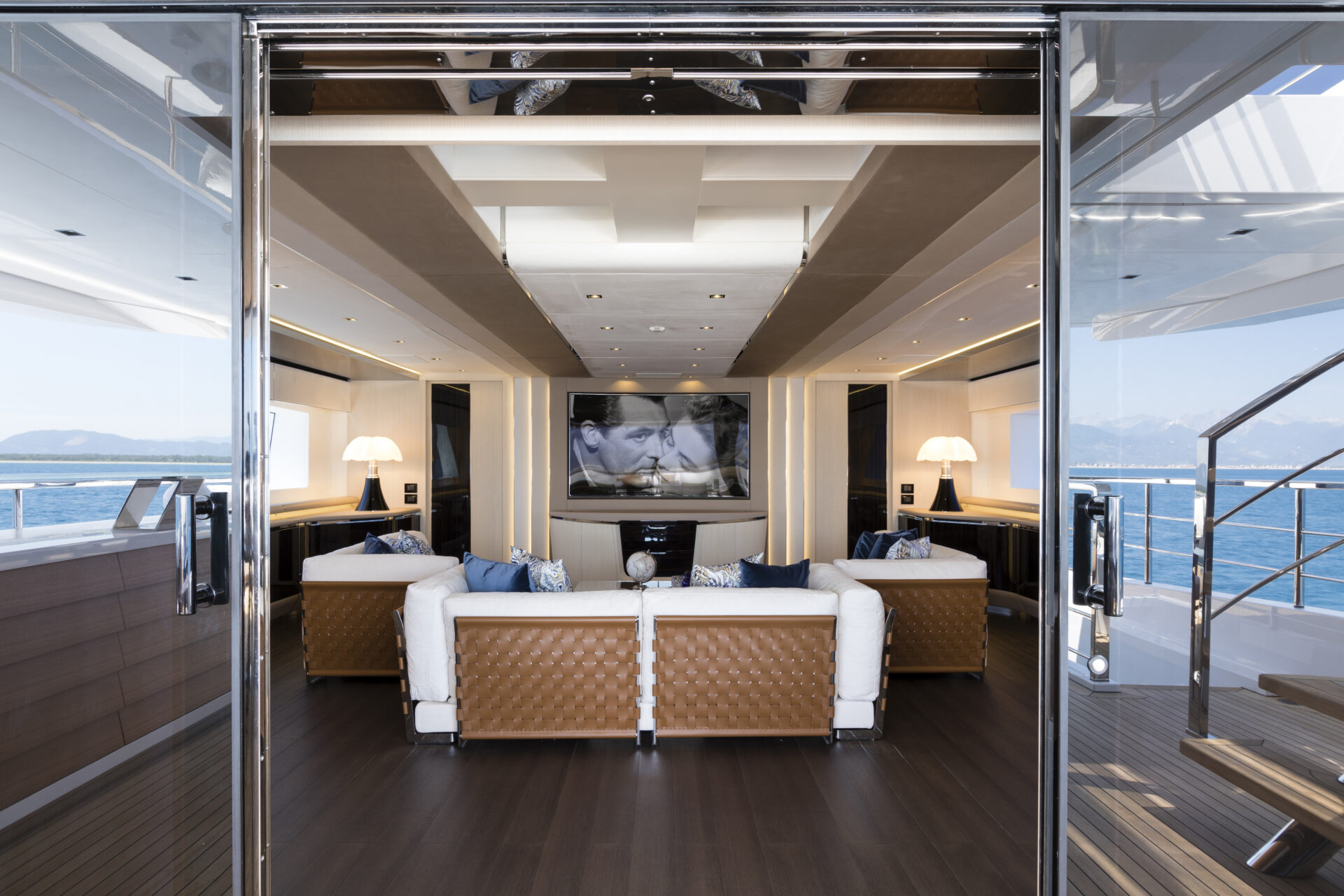 Luxurious Mangusta Yachts lounge interior view