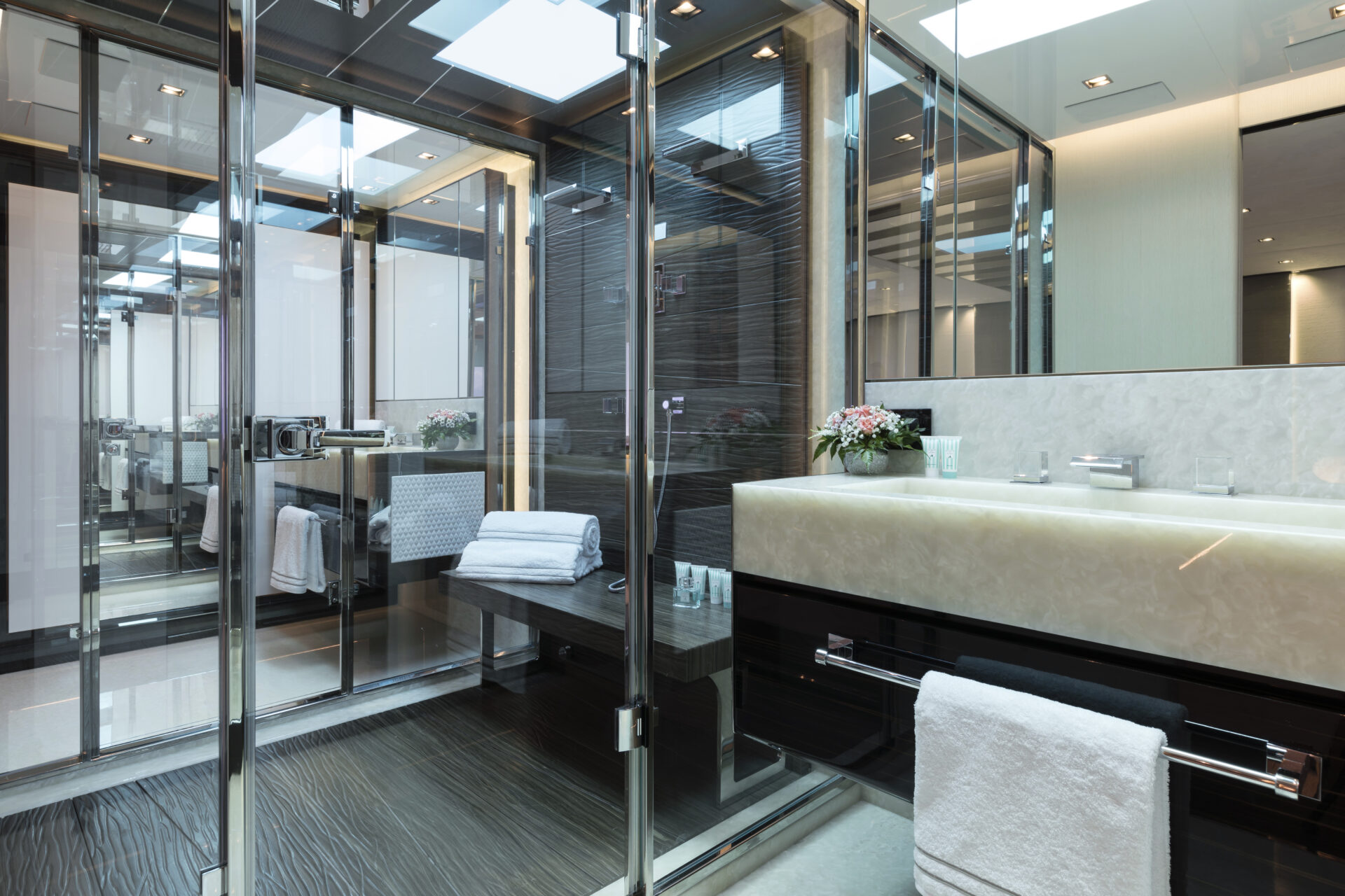 Luxurious bathroom interior on Mangusta yacht