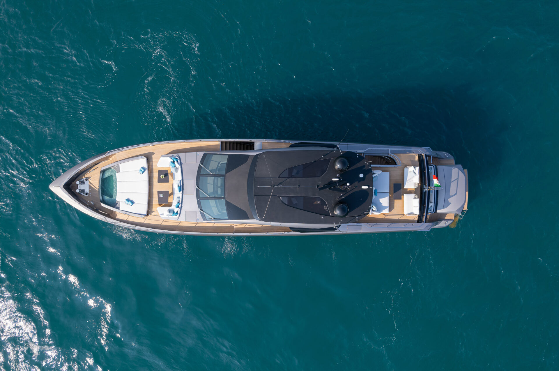 Mangusta yacht aerial view, luxury deck design