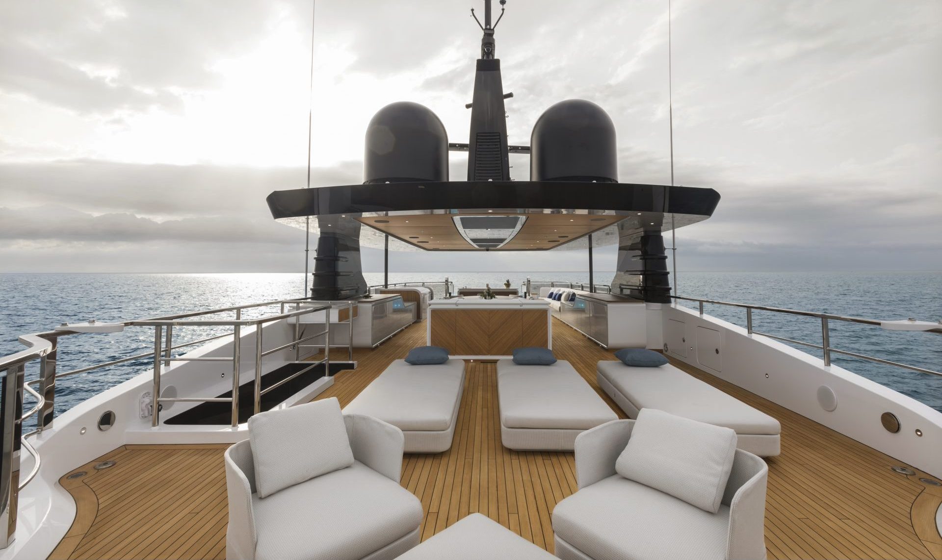 Mangusta Yachts deck with luxurious lounge chairs