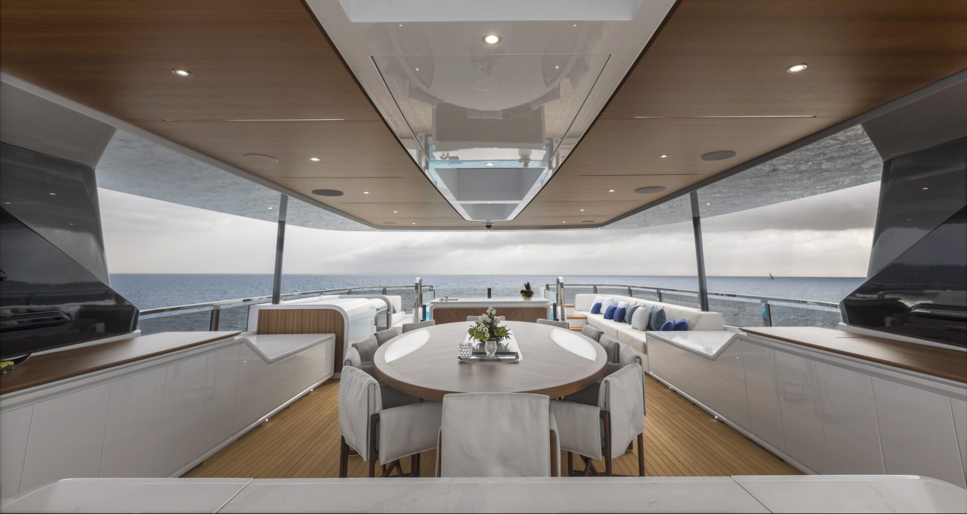 Luxury yacht deck with ocean view.