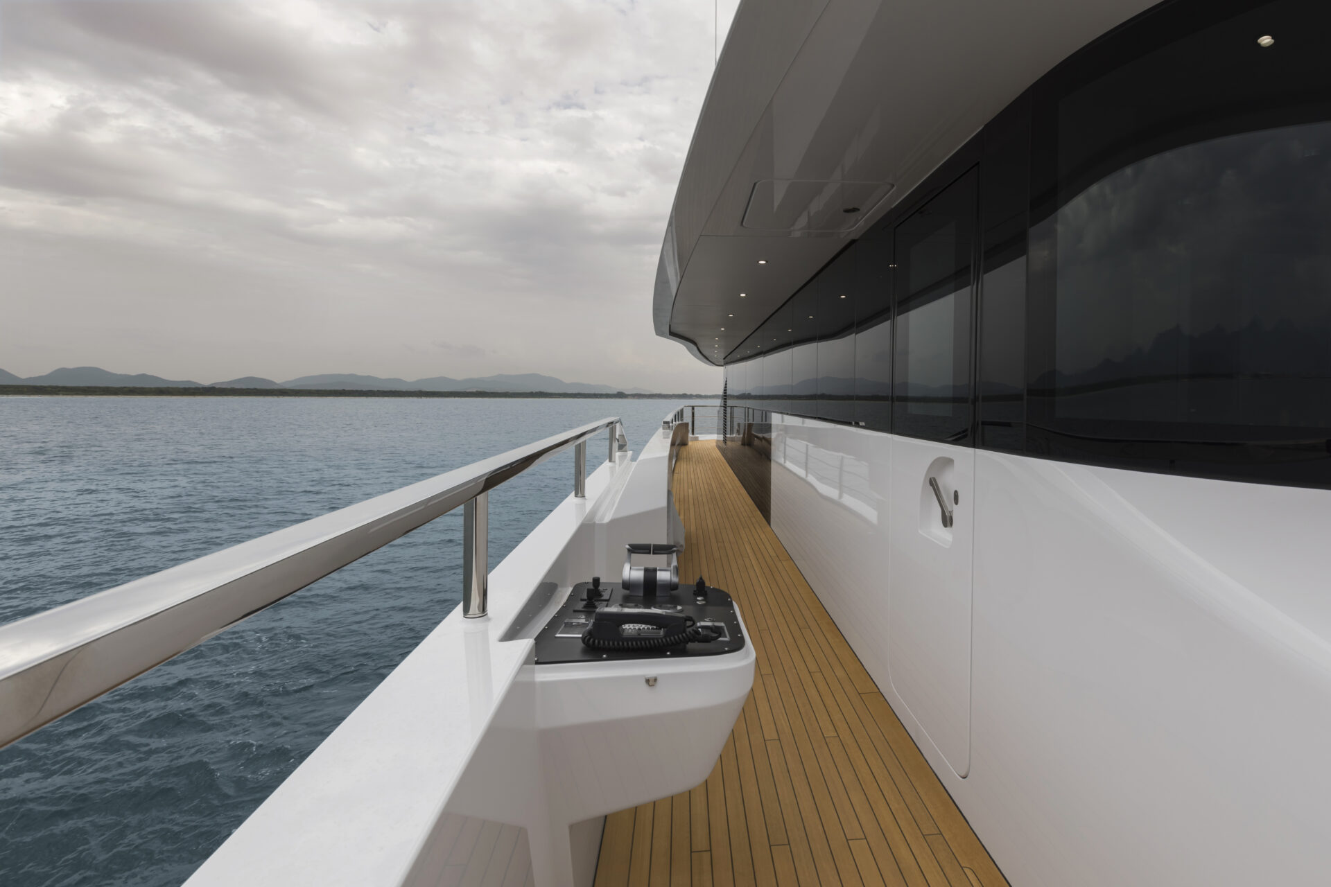 Modern Mangusta Yachts deck with ocean view