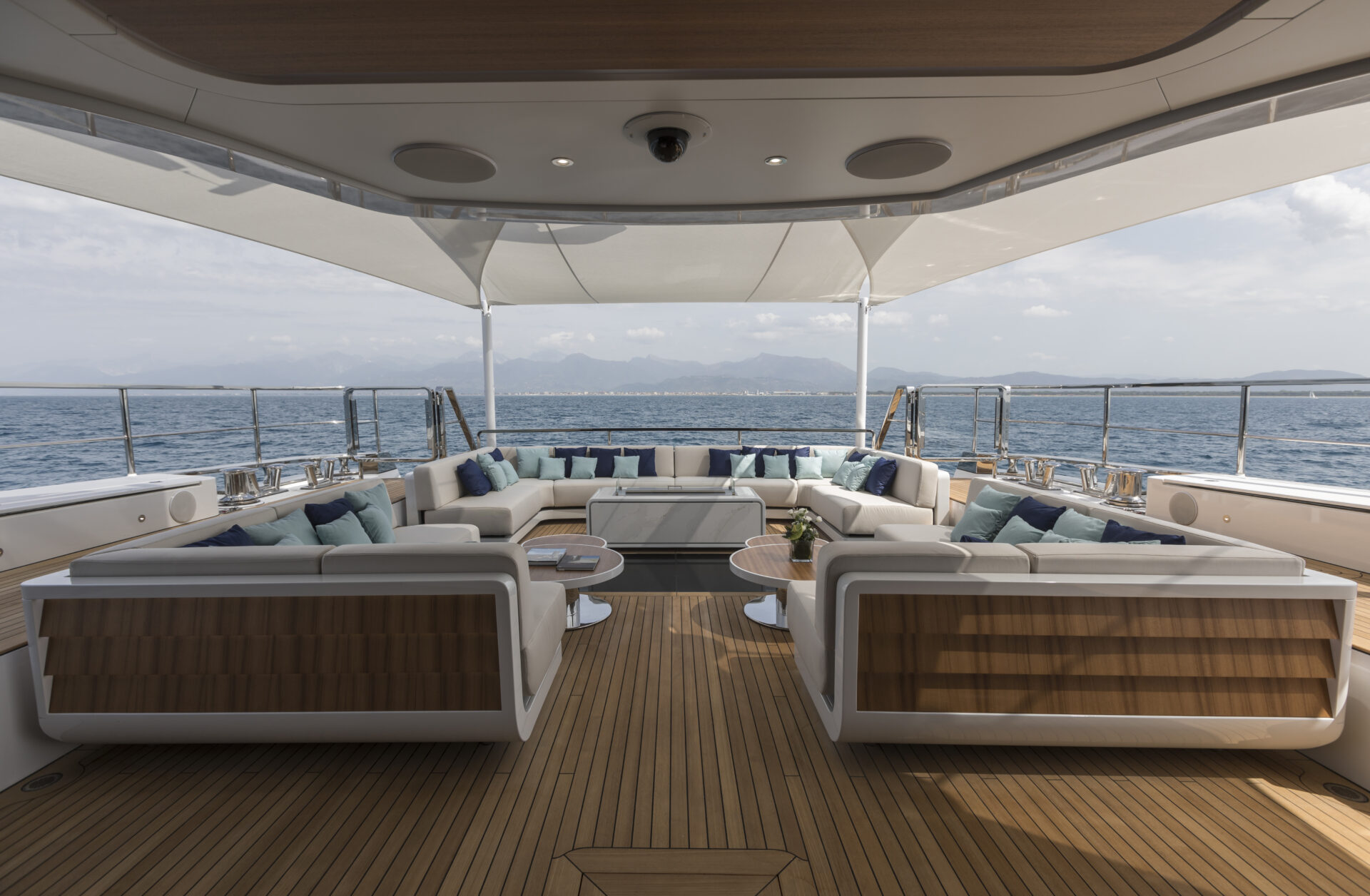 Luxurious Mangusta yacht deck seating area