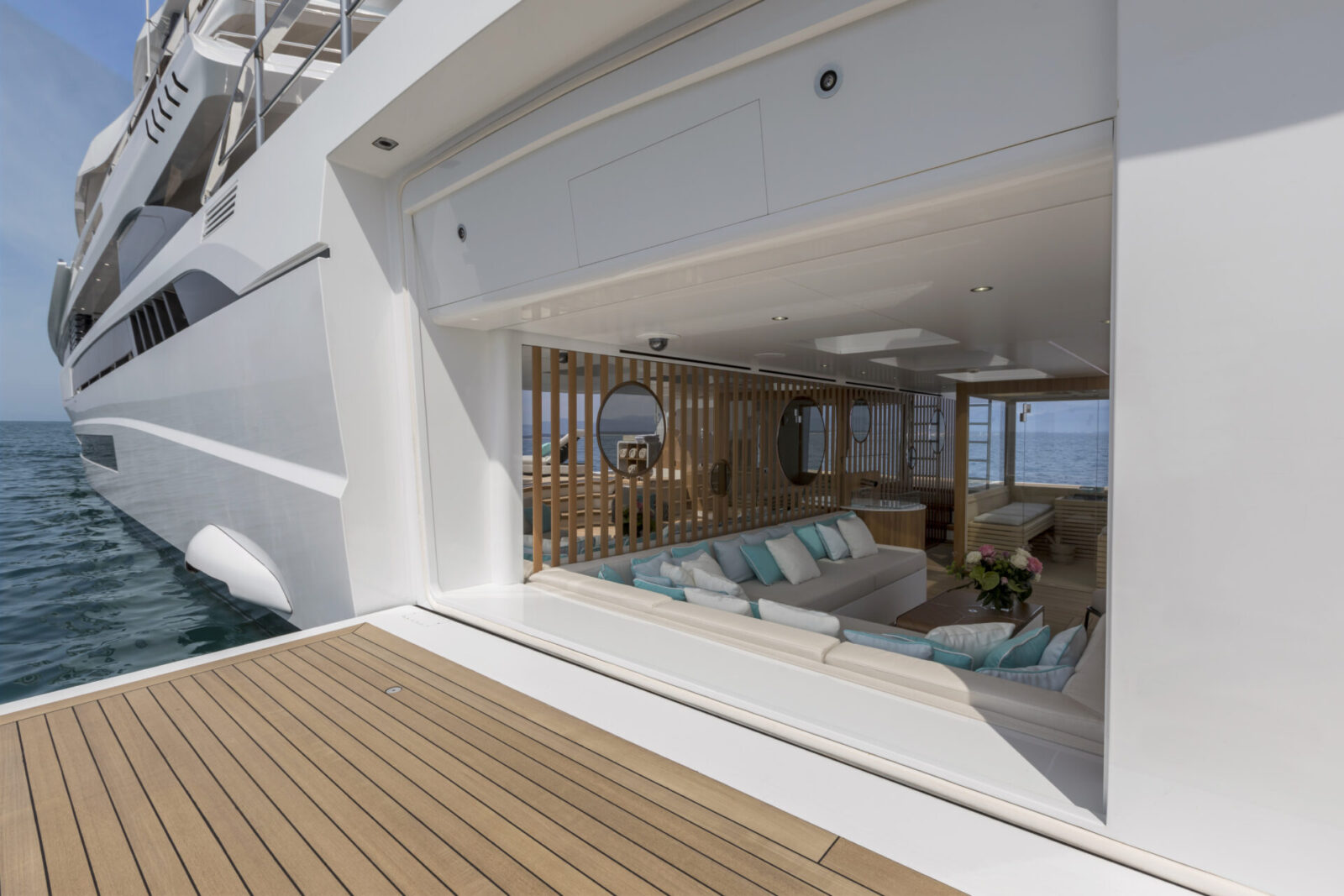 Mangusta yacht open deck with luxury interior view